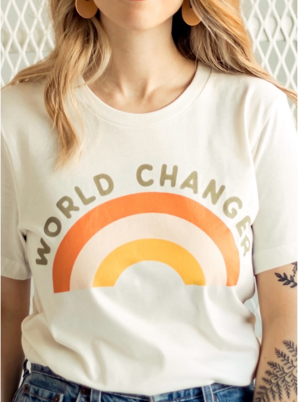Crown White Tee with Orange and Yellow Rainbow "World Changer"